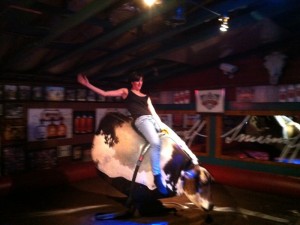 Clara given'er on the bull